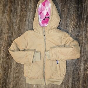 Cozy Tan Kids Puffer Jacket with Pink Hood